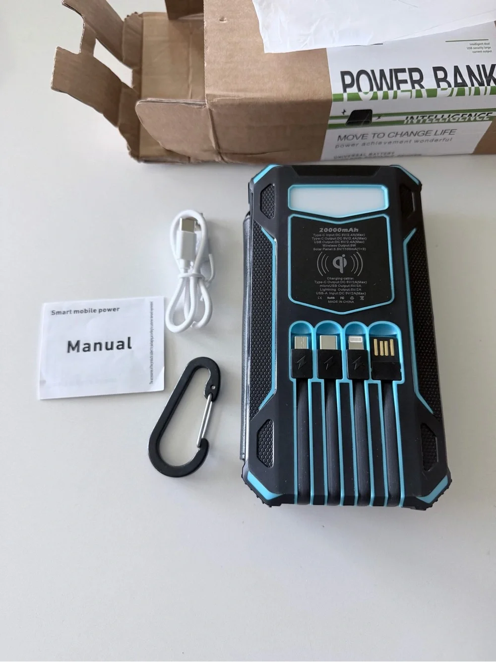 20000mAh Black & Turquoise Portable Solar Power Bank with Built-in Cables